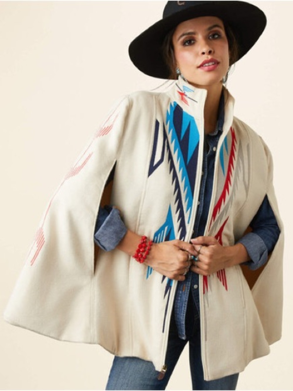 Ariat Cream Cape Jacket with Blue & Red Aztec Motif